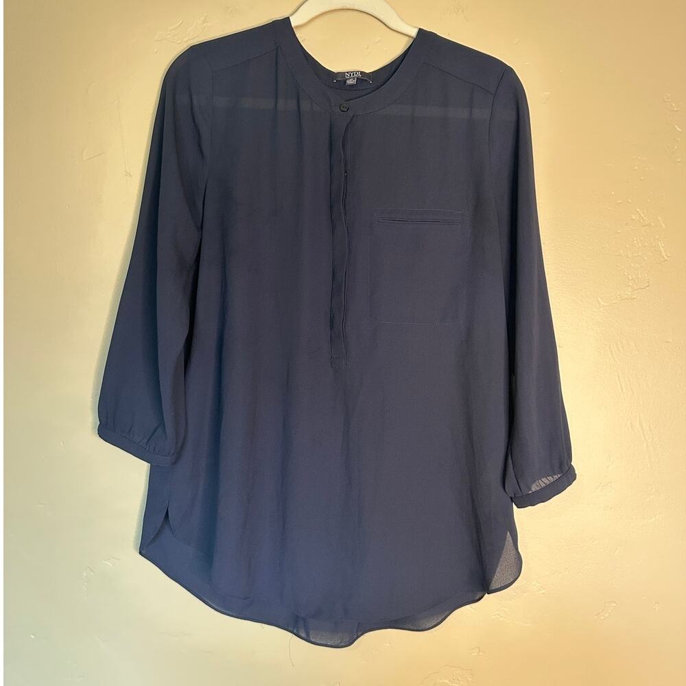 NYDJ Dark Navy Sheer Quarter Button-Up Sheer Blouse